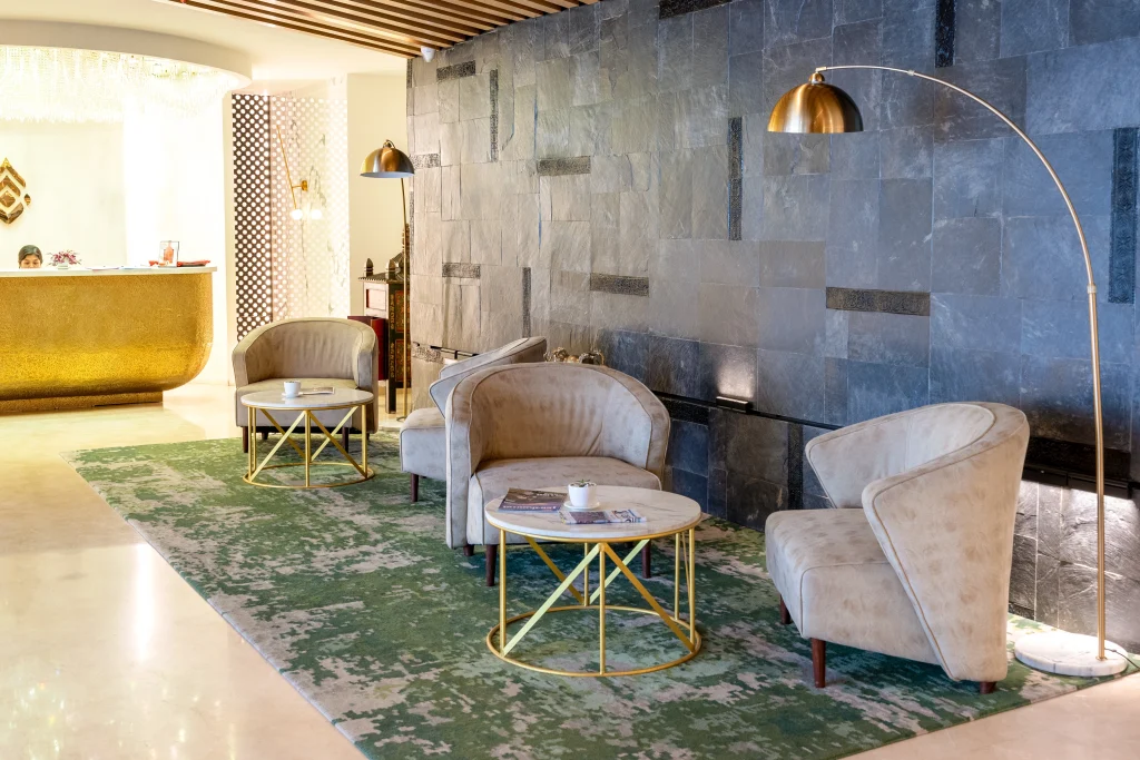 Custom abstract design hand knotted lobby rug boutique hotel