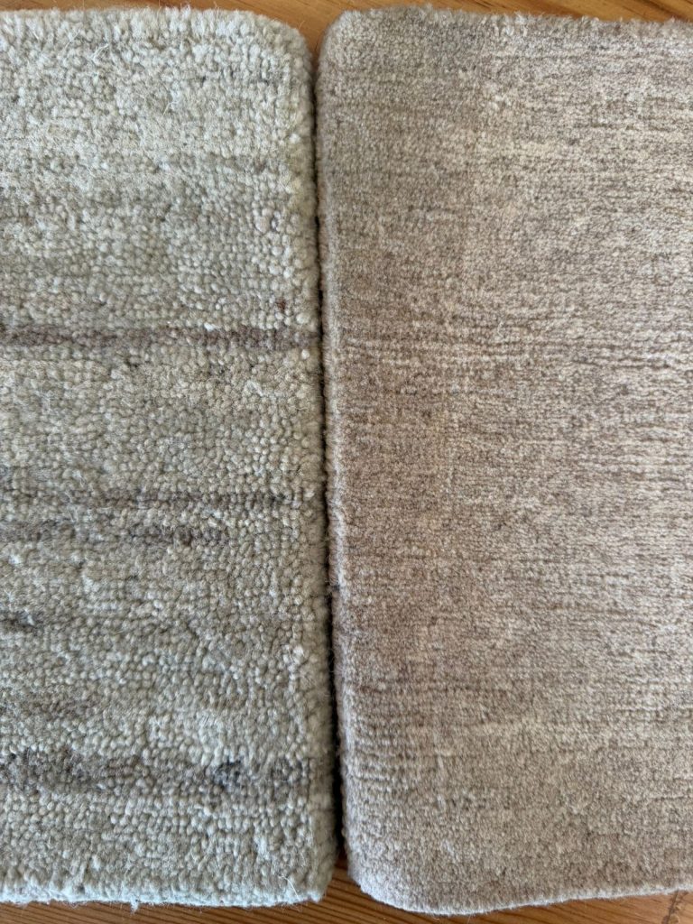 Close-up comparison of 60 KPSI and 100 KPSI hand-knotted rug pile density