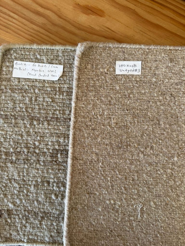 Close-up comparison of 60 KPSI and 100 KPSI hand-knotted rug pile density